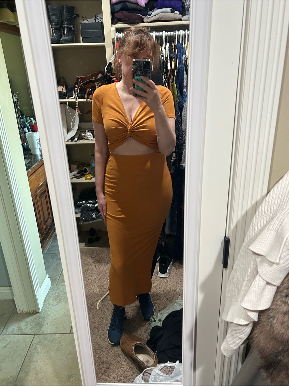 Lulu's Mustard Twist-Front Maxi Dress with Cutout